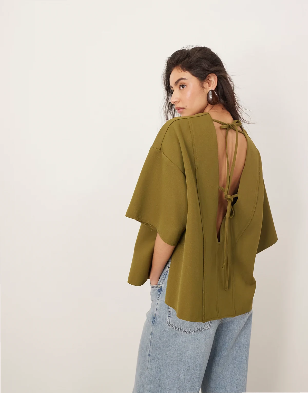 boxy seamed top with tie back detail in olive