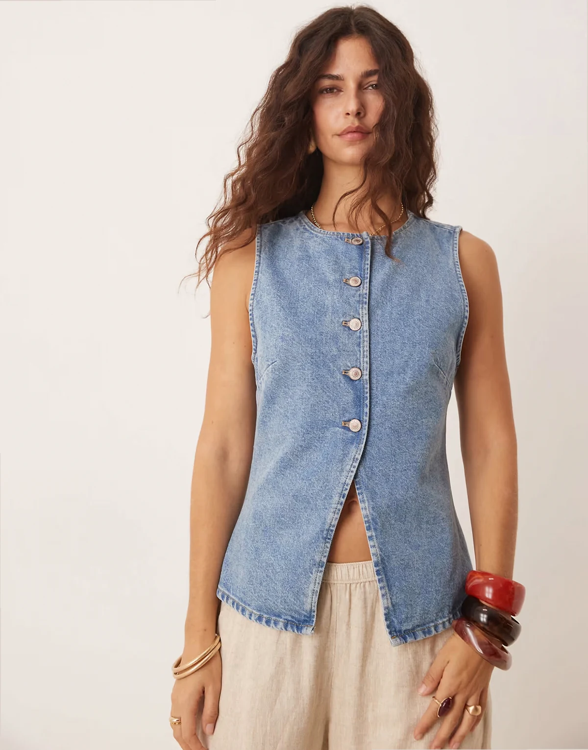 button detail denim top in blue