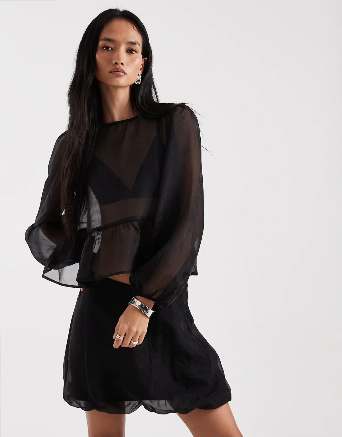 sheer organza tie front top in black - part of a set