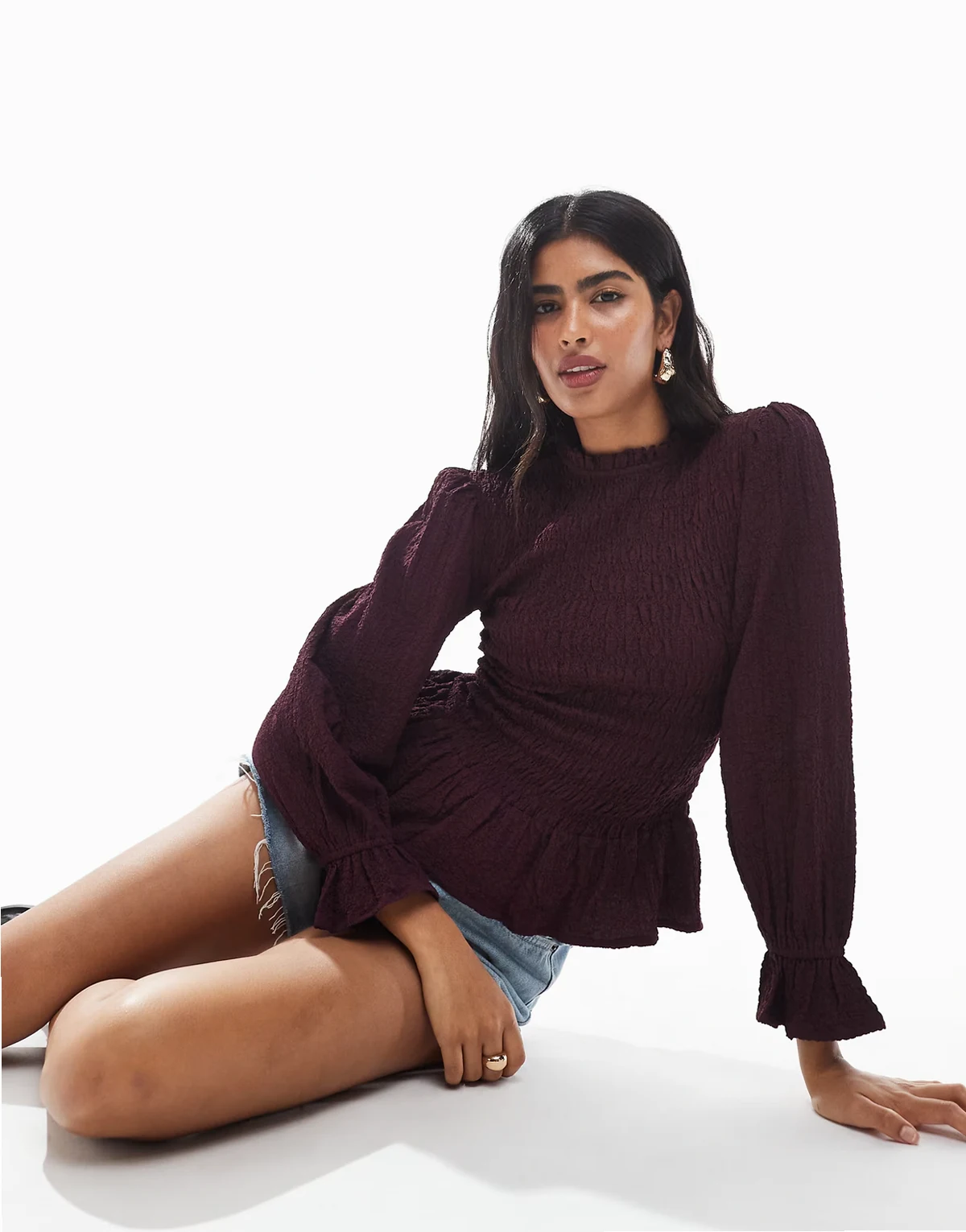 shirred puff sleeve blouse in deep purple