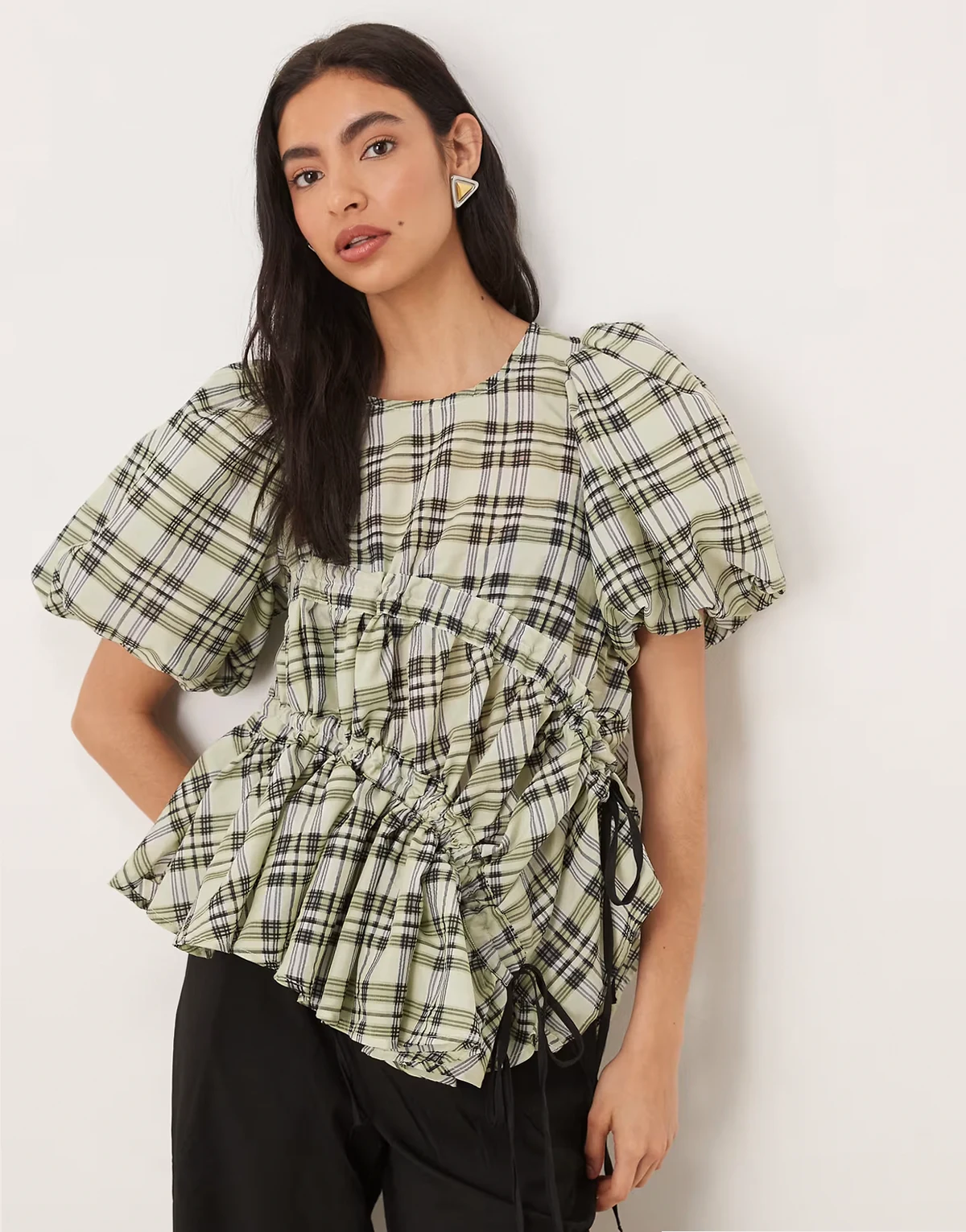 ruched puff sleeve top in green plaid