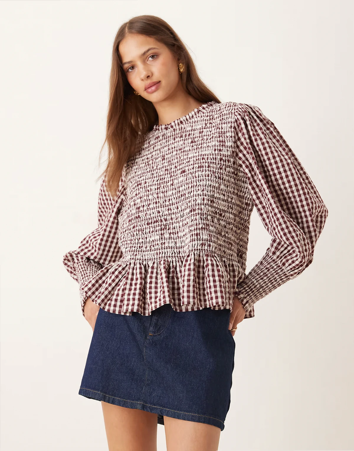 Knowles balloon sleeve shirred blouse in brown plaid