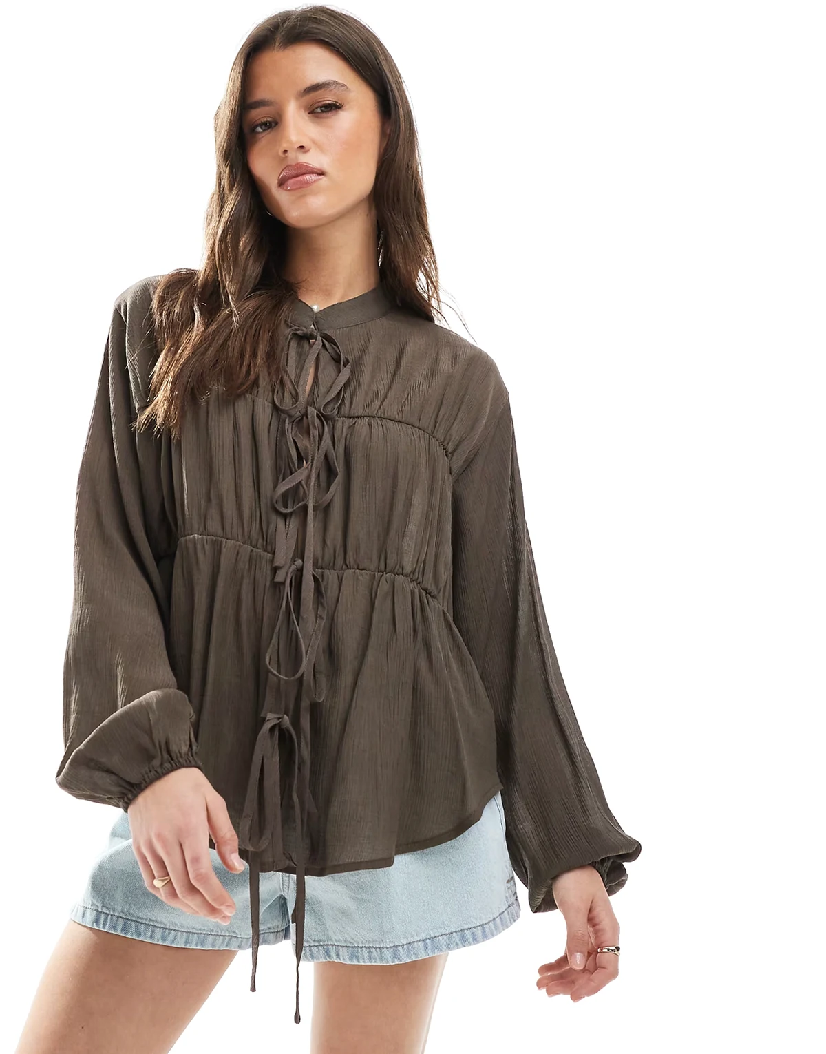 tie front long sleeve blouse in brown