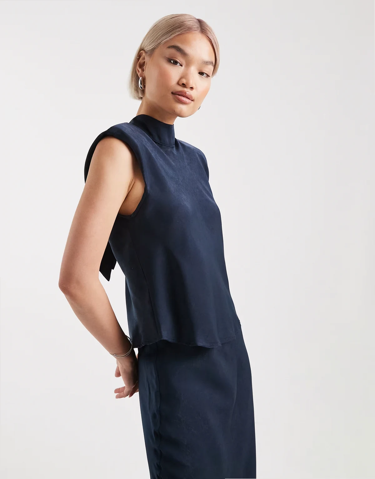satin tie neck detail top in navy - part of a set
