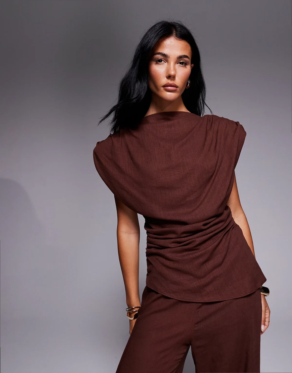 linen shoulder pad drape detail top set in brown