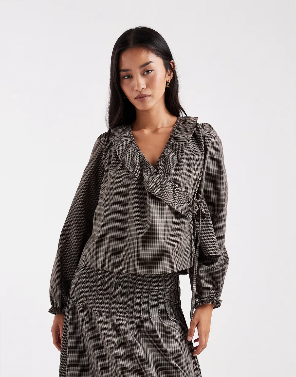 asymmetric tie wrap blouse in brown plaid - part of a set