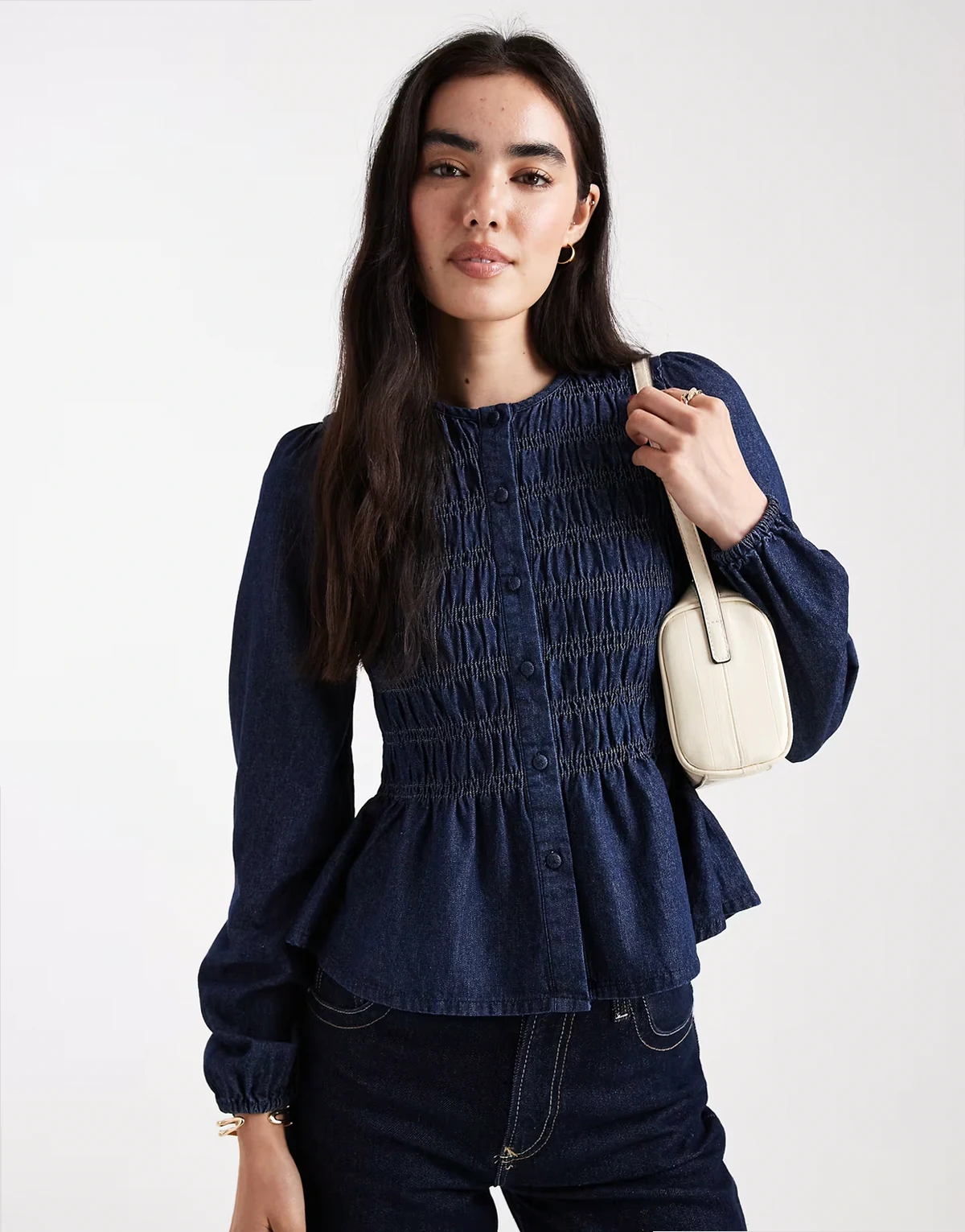 button down denim puff sleeve blouse with shirring in navy