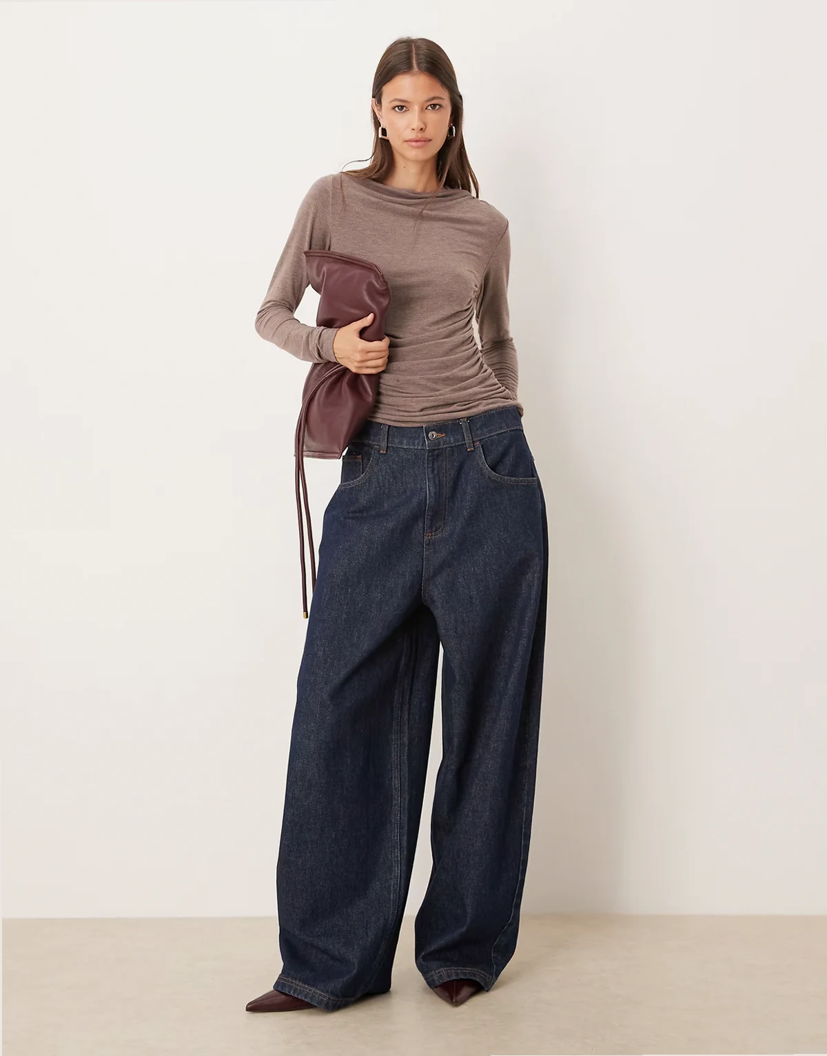 boat neck long sleeve jersey top with drape front in brown