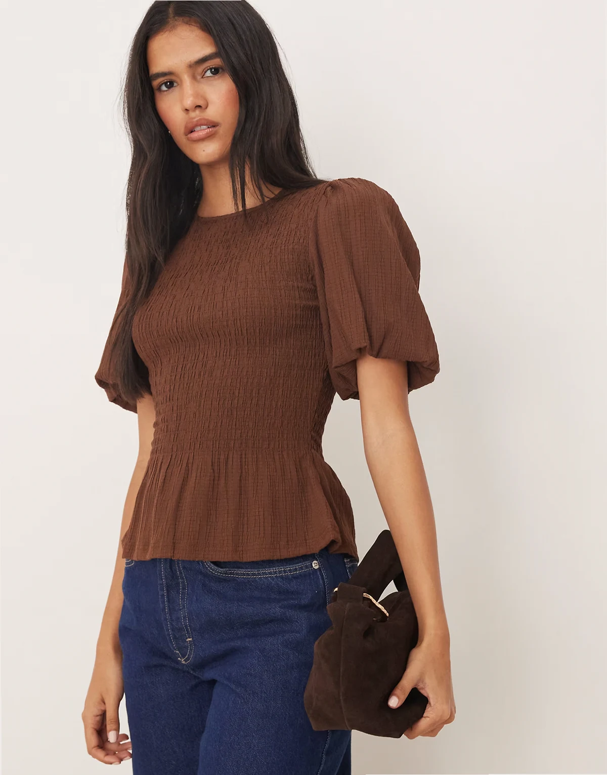 long sleeve textured top with shirring in chocolate brown