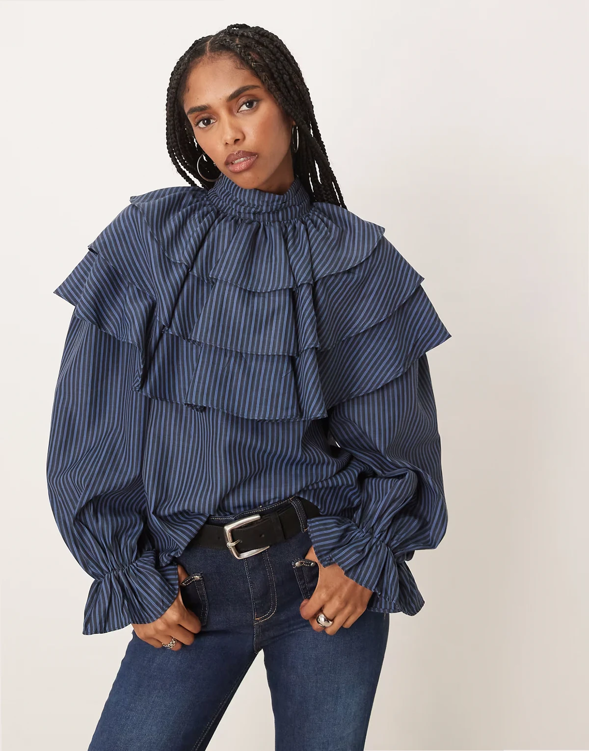 ruffle blouse in navy stripe