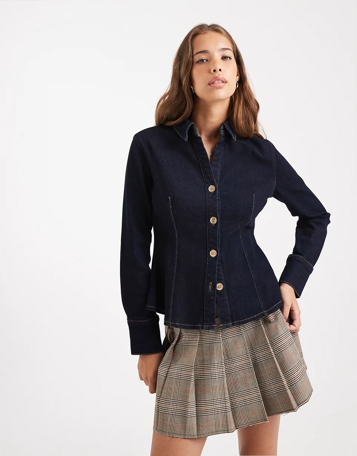 long sleeve fitted denim shirt in indigo wash