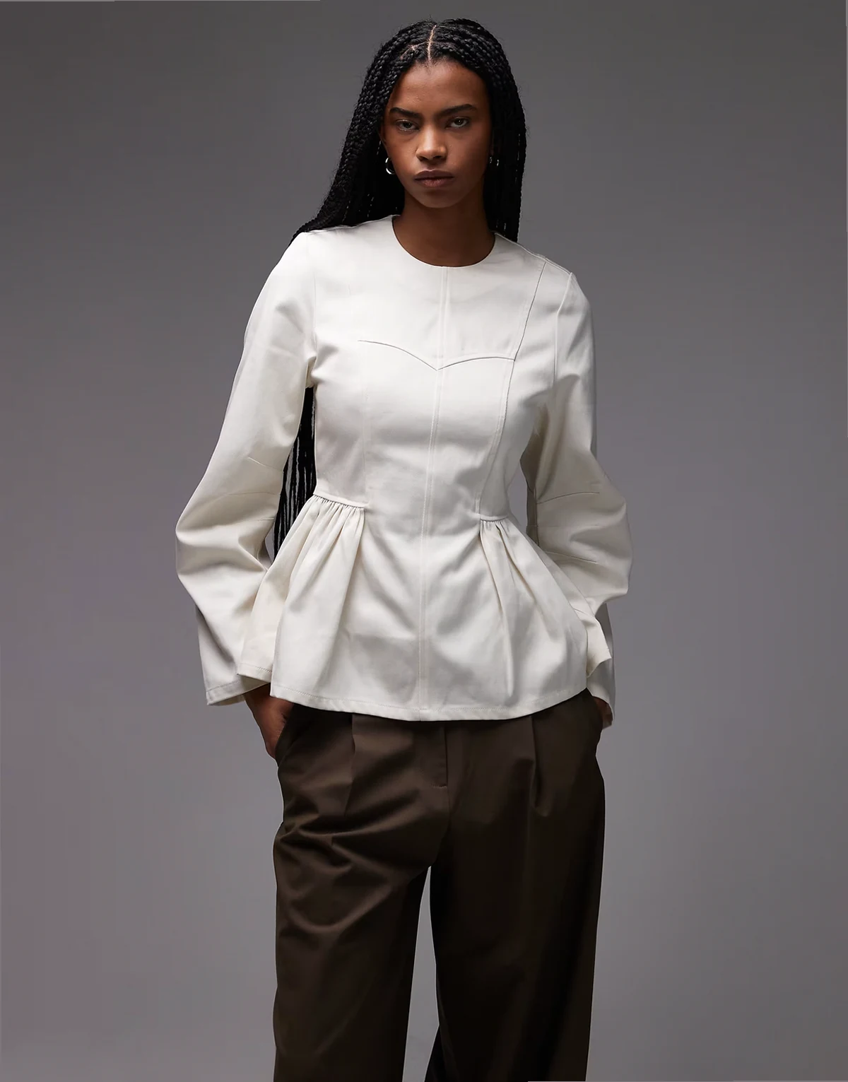 long sleeve peplum top in off white