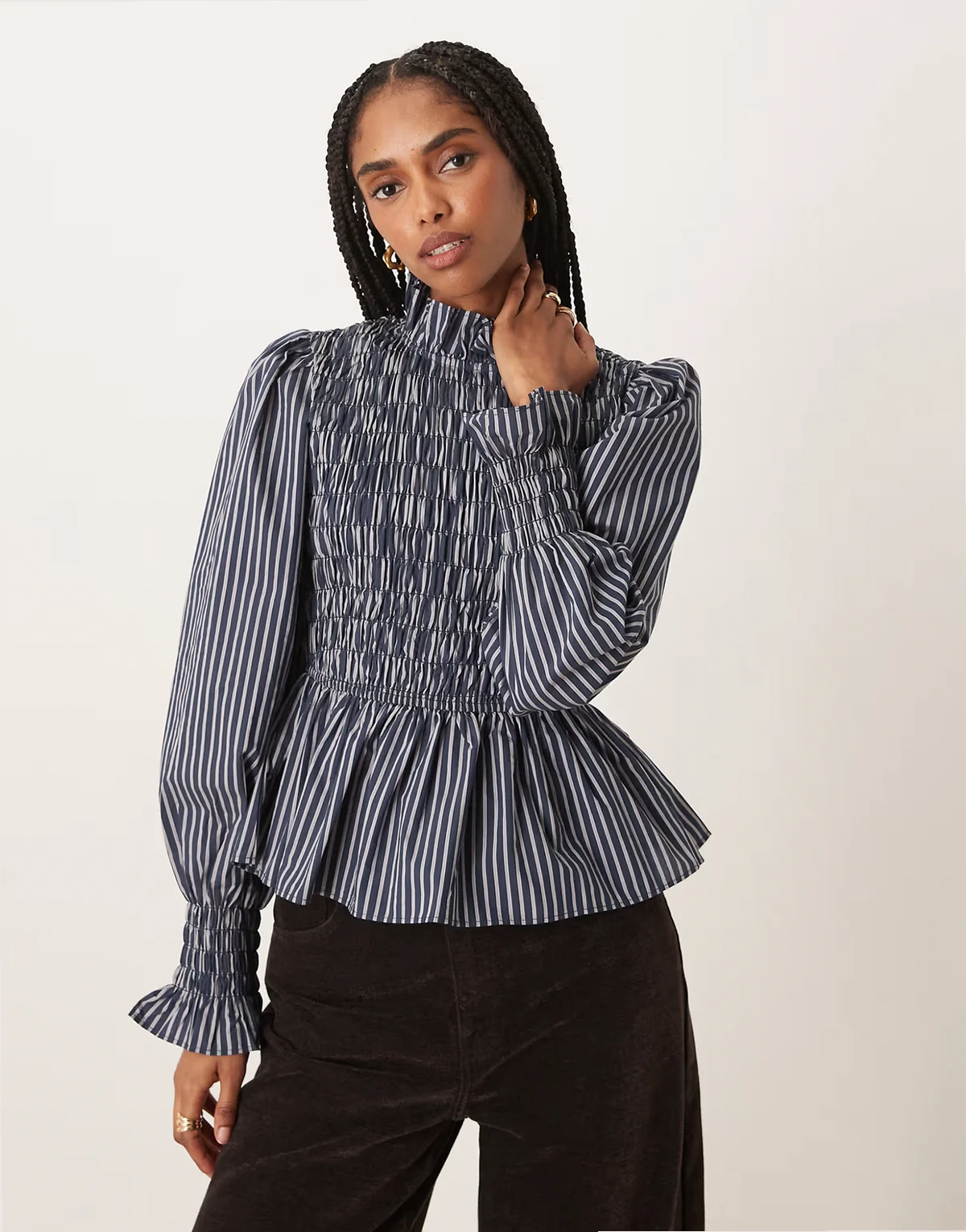 ruffle neck shirred body long sleeve blouse in navy blue stripe