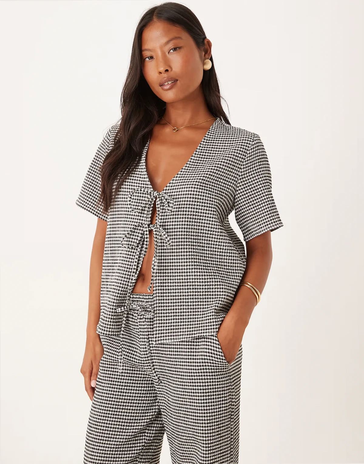 tie front seersucker top in black gingham - part of a set