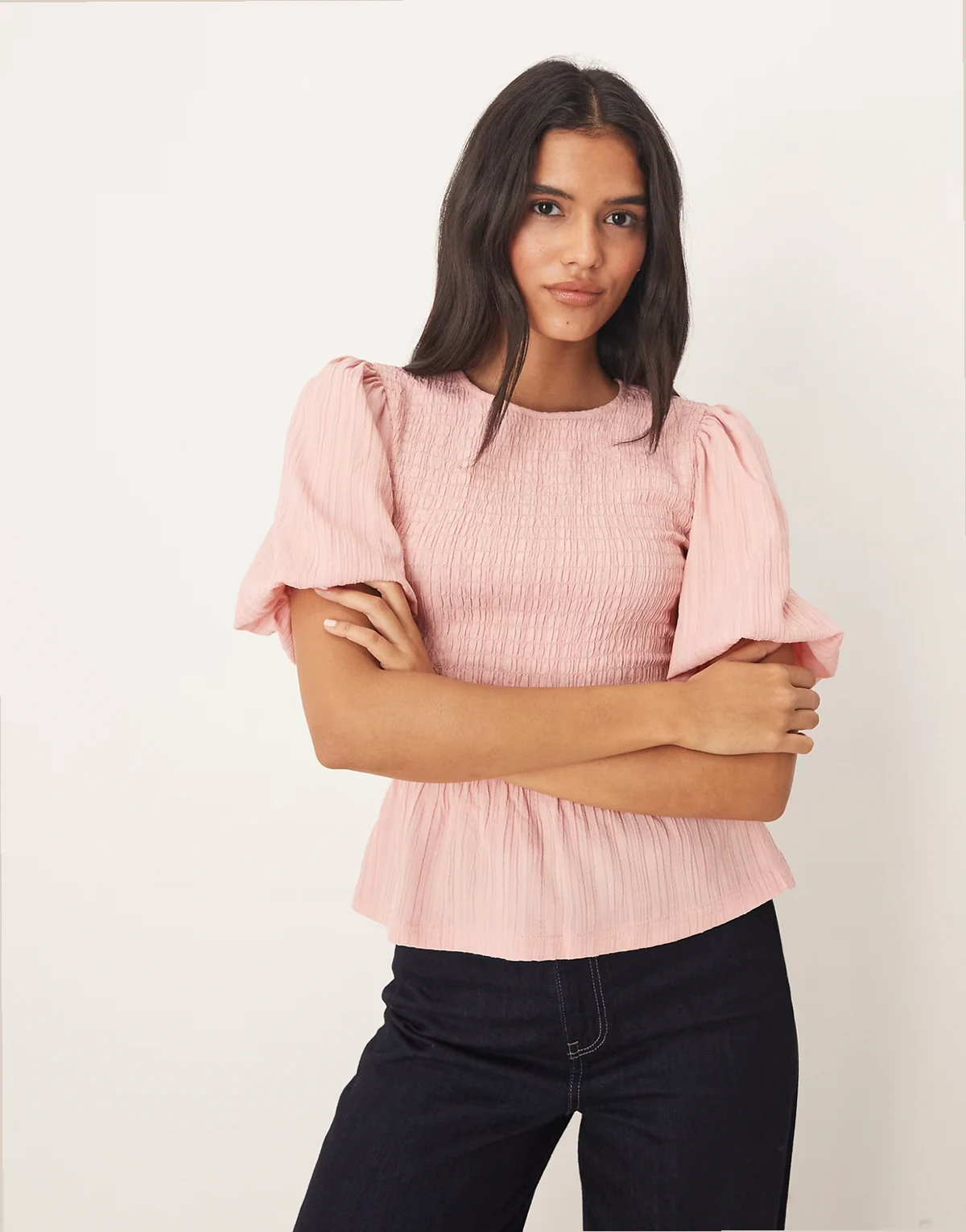 puff sleeve textured top with shirring details in pink