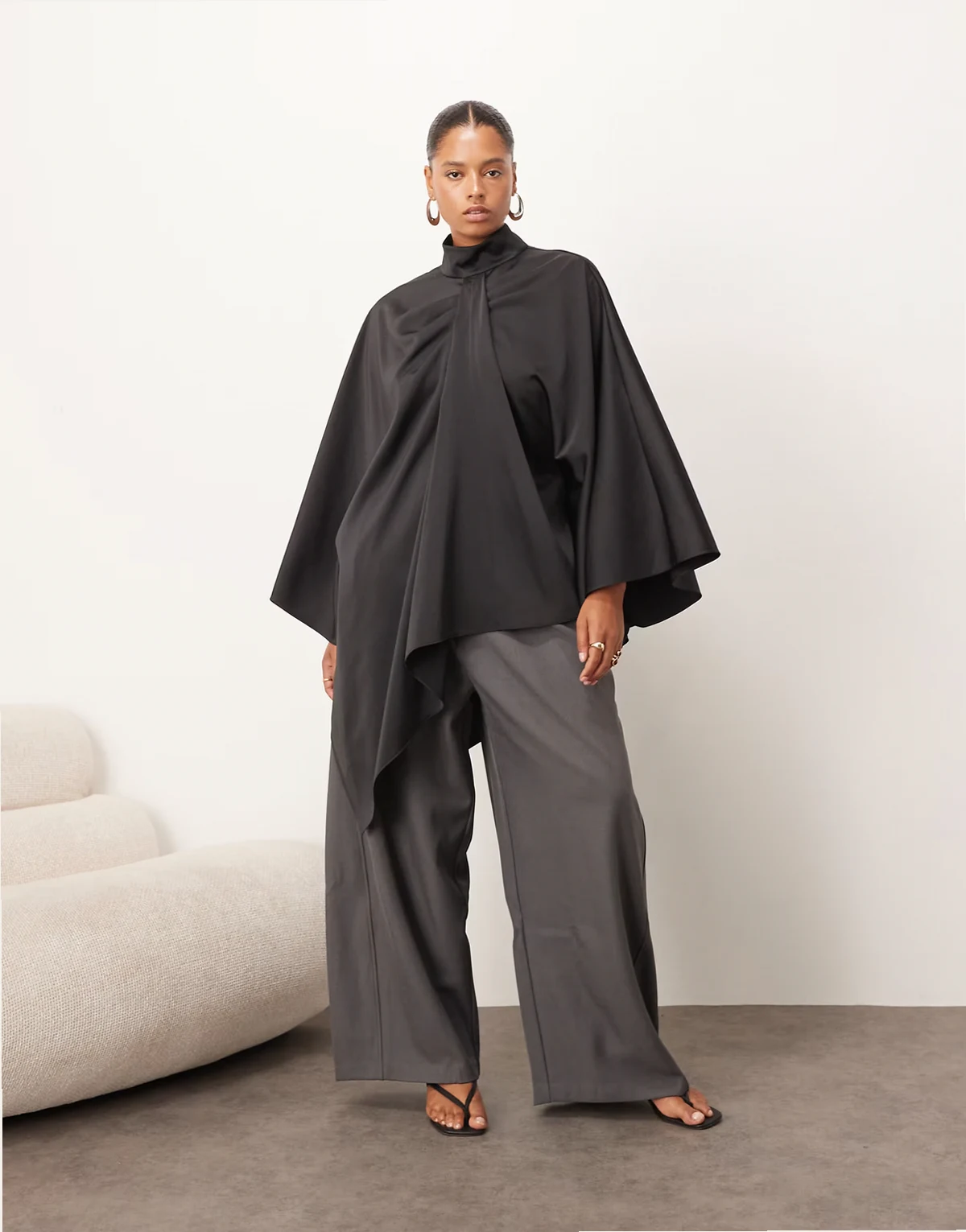 Curve high neck drape cape top in black