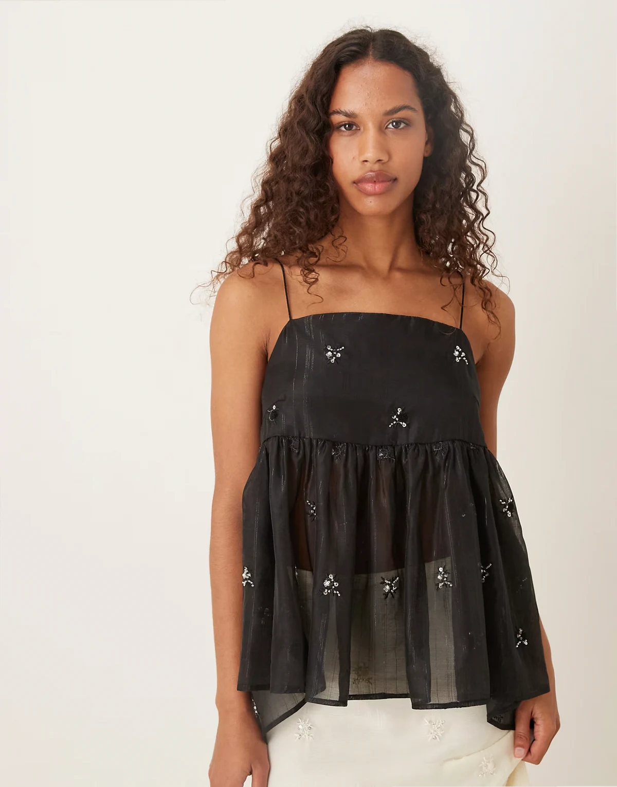 Lola semi sheer bow back detail babydoll cami top in black - part of a set