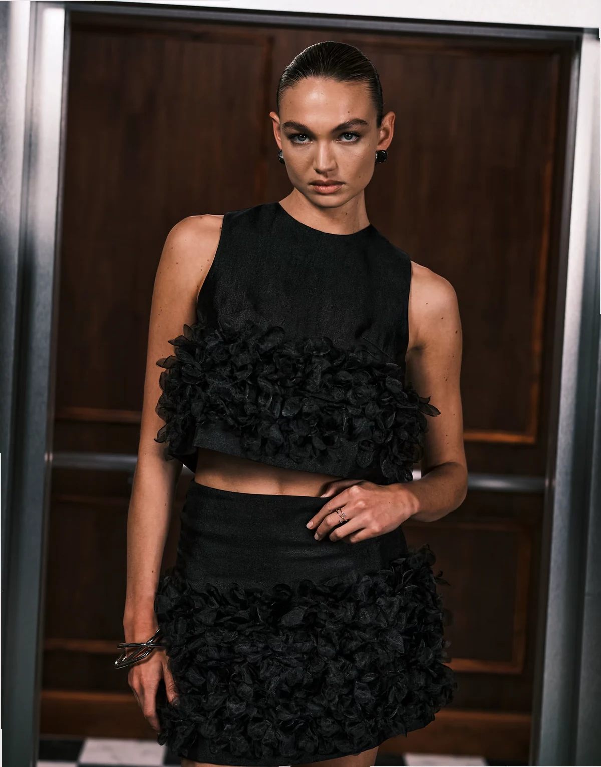 Plume organza 3D floral crop top in black - part of a set