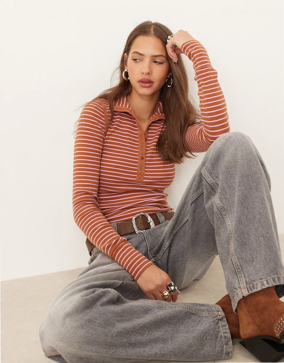 Jamie Henley button-up long sleeve top in cinnamon