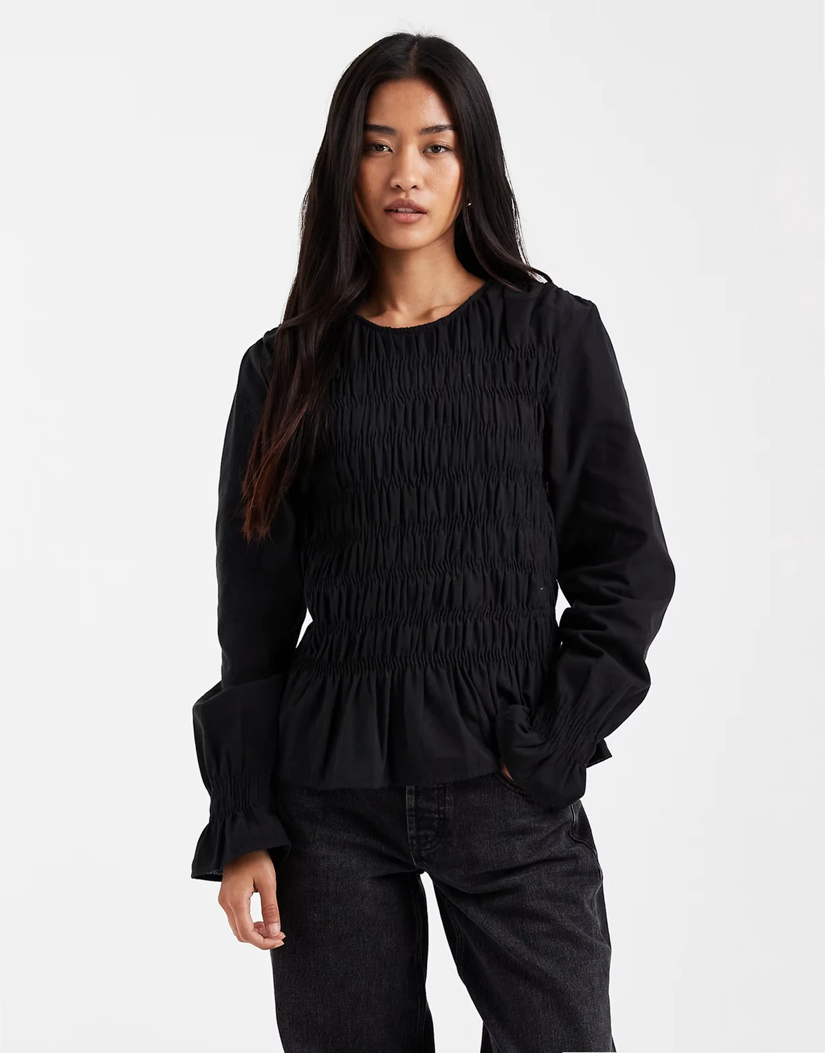 shirred bodice top with poet sleeve in black