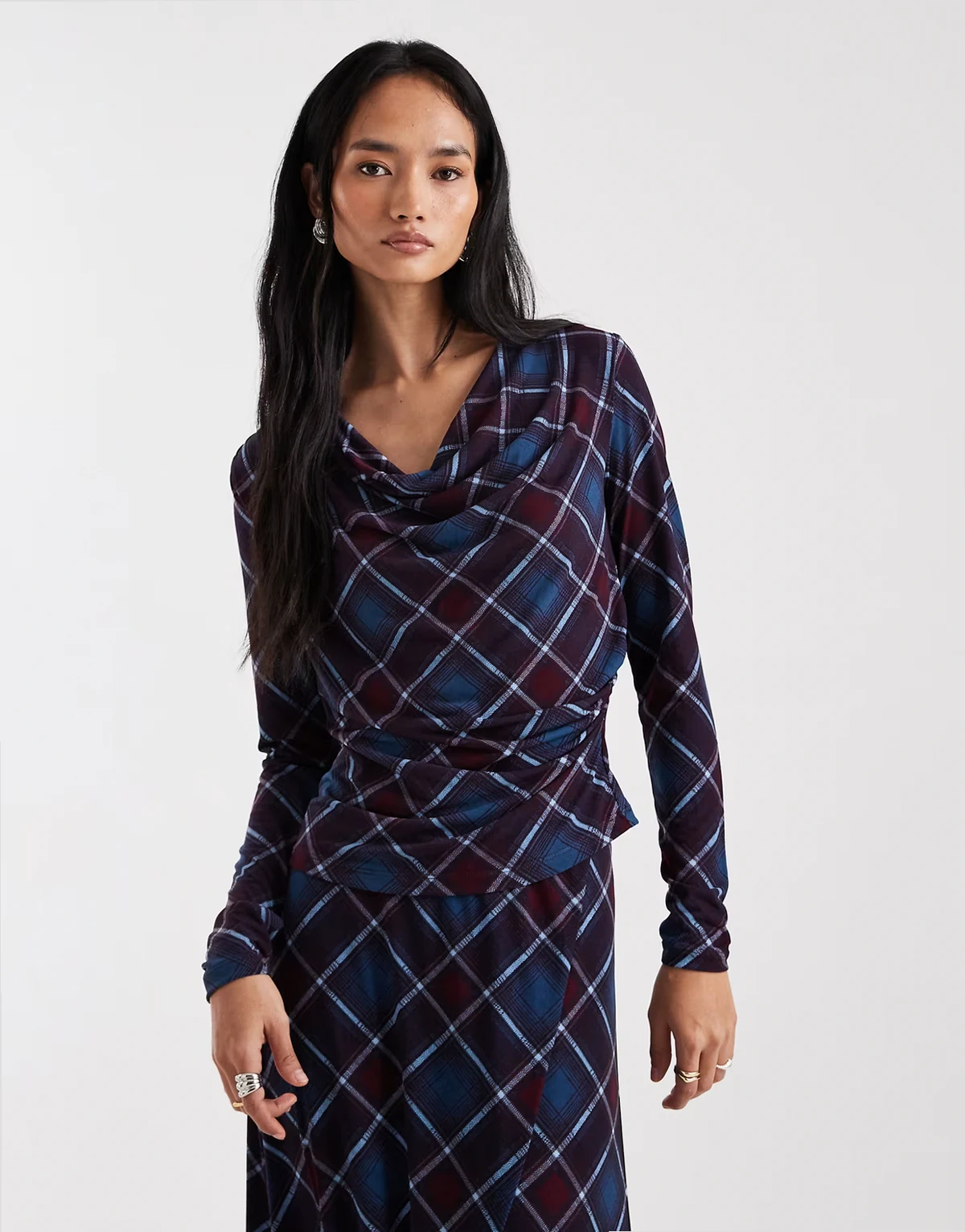 drape front long sleeve top in burgundy and blue plaid print - part of a set