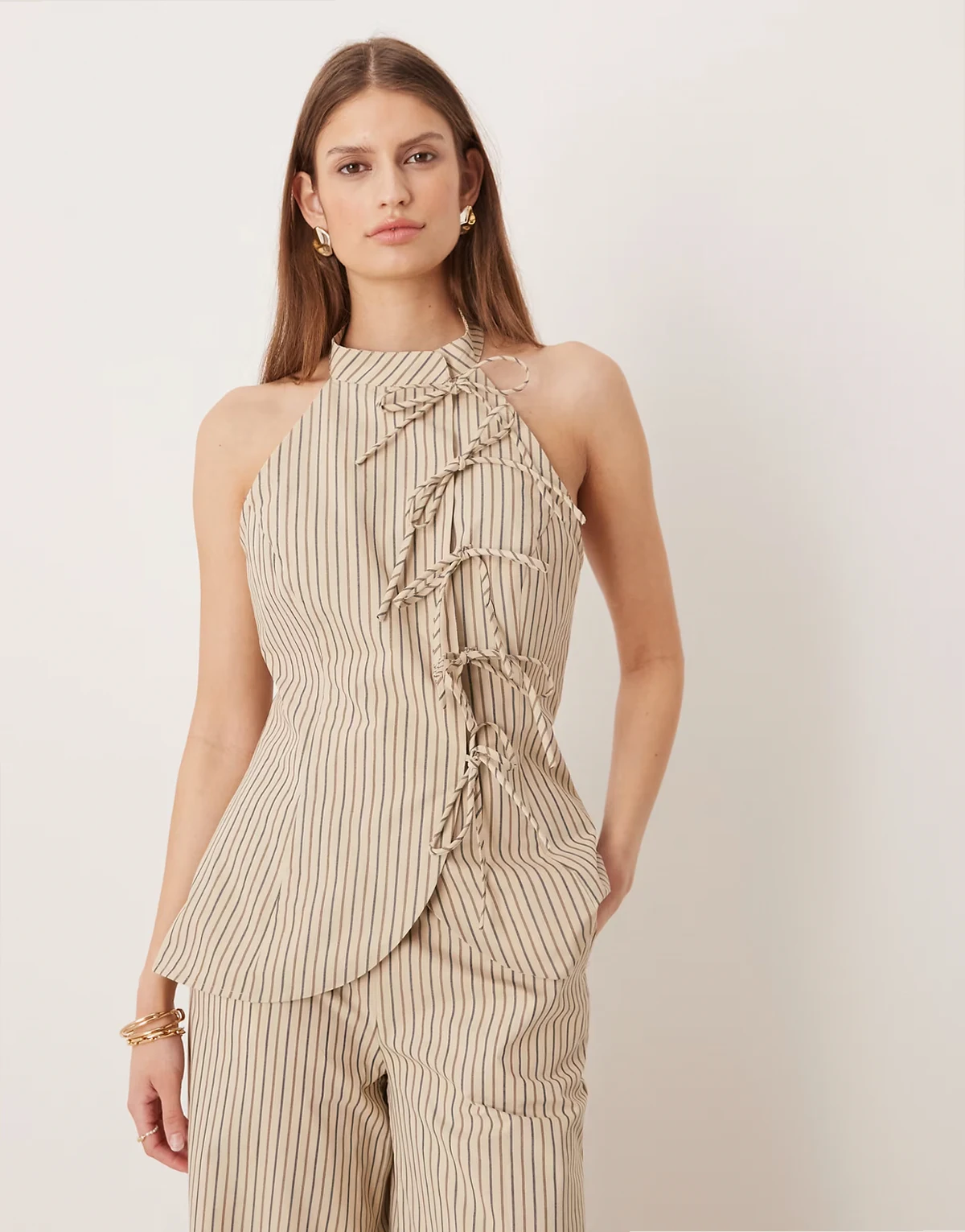 asymmetric tie halter top in white and blue stripes - part of a set