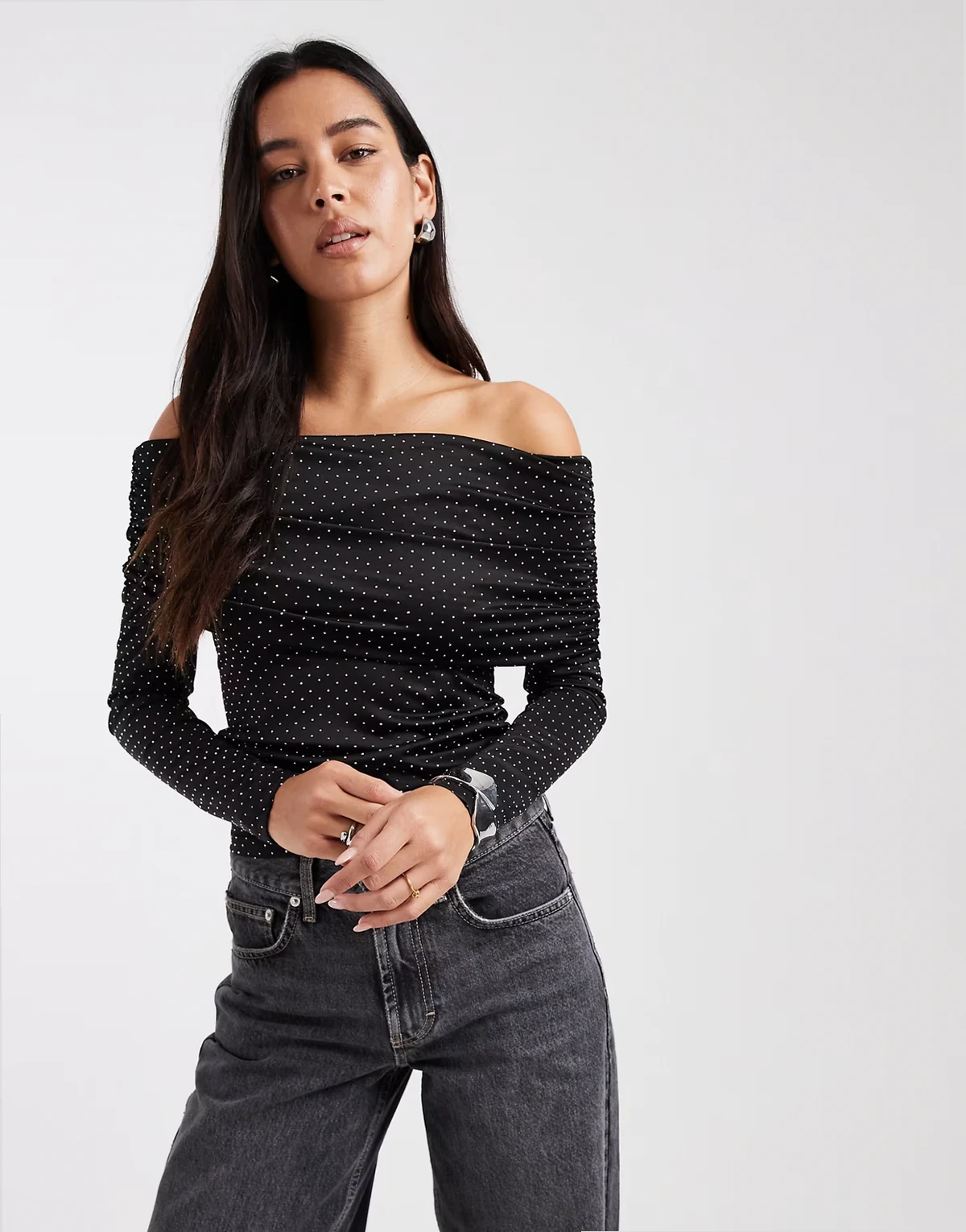 rhinestone off the shoulder top in black