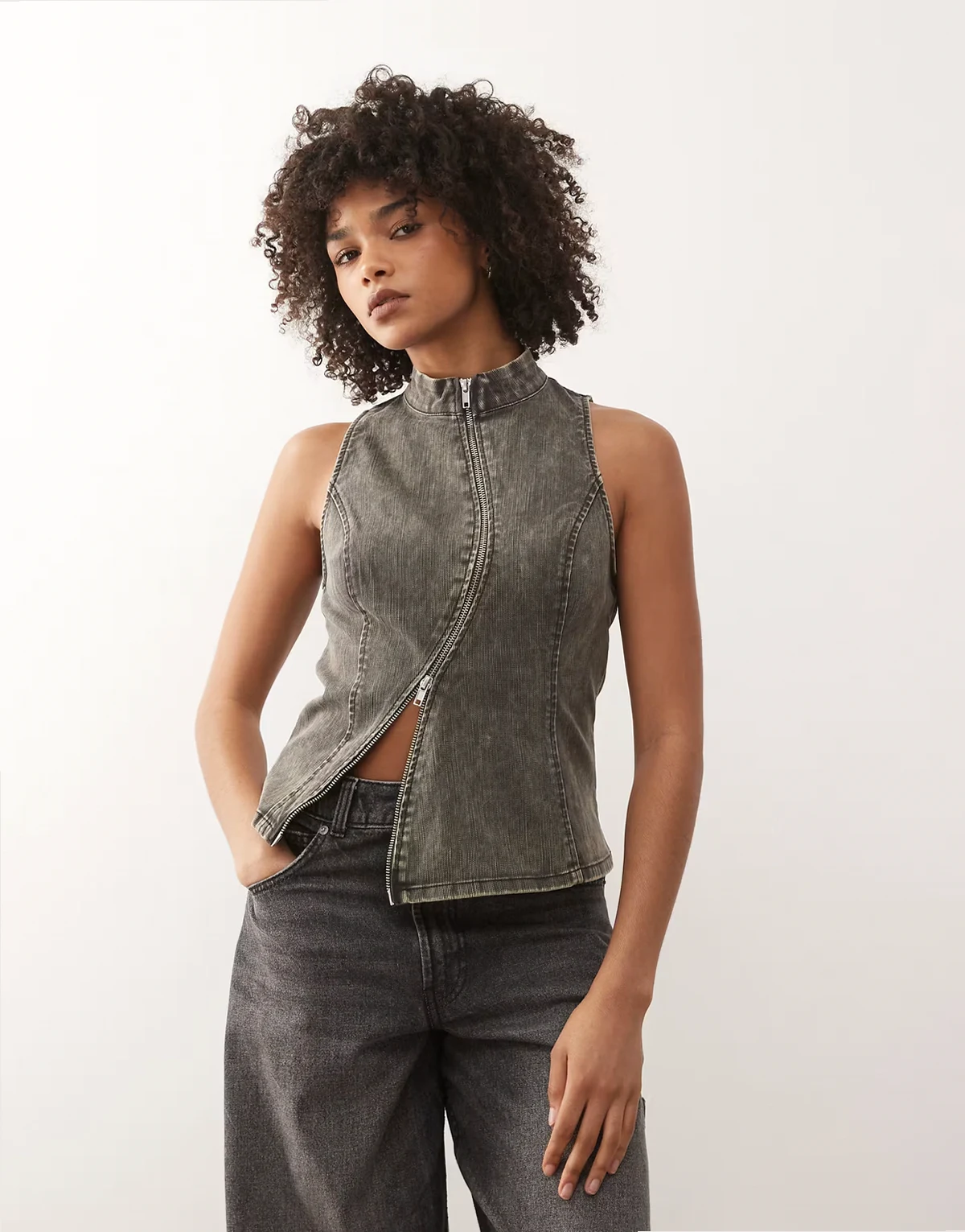high neck top with zip detail in washed gray