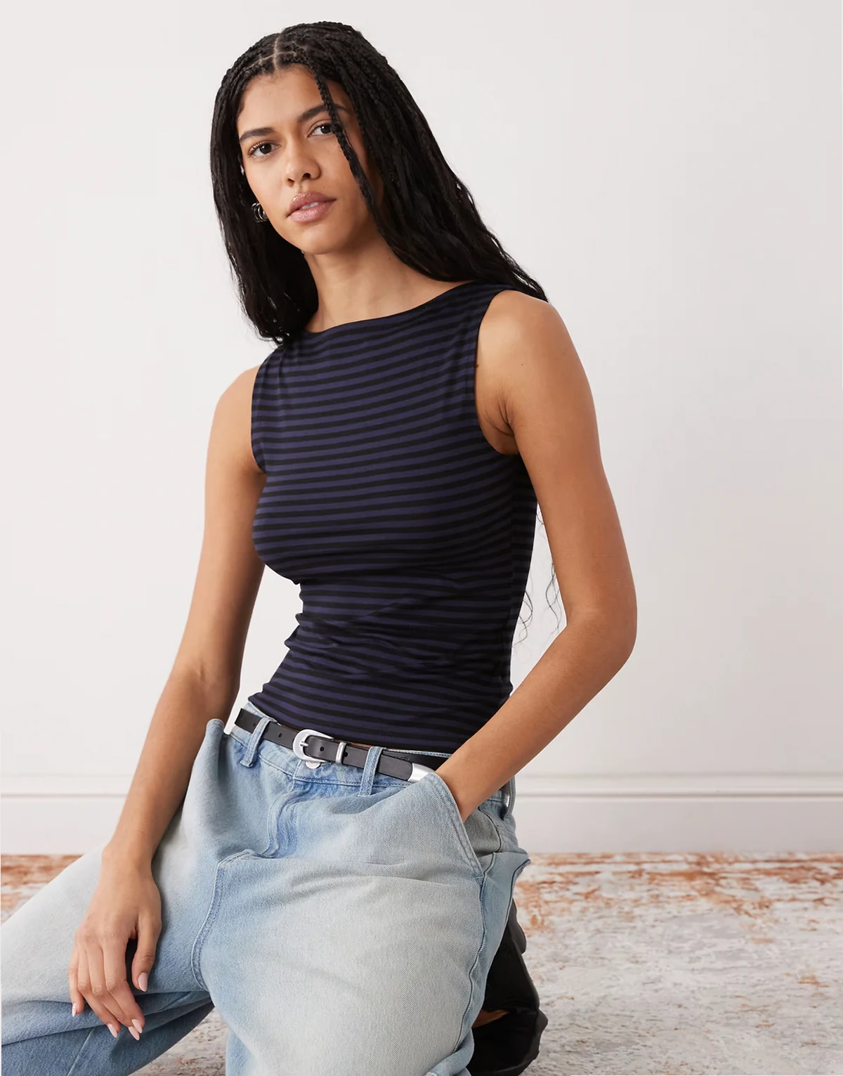 Annie soft boat neck sleeveless top in navy stripe - Exclusive to ASOS