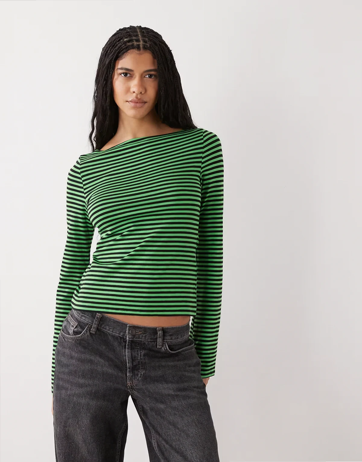 Annie soft boat neck long sleeve top in black and green stripe - Exclusive to ASOS
