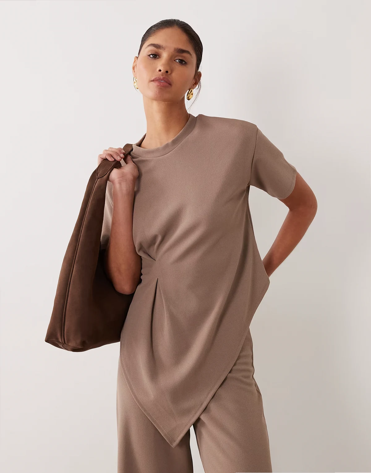 jersey twill asymmetric top with pleated detailing in stone - part of a set