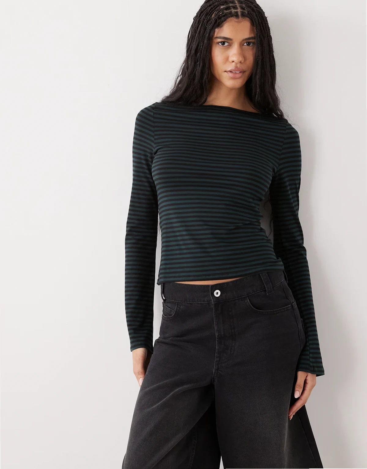 Annie soft boat neck long sleeve top in forest green stripe - Exclusive to ASOS
