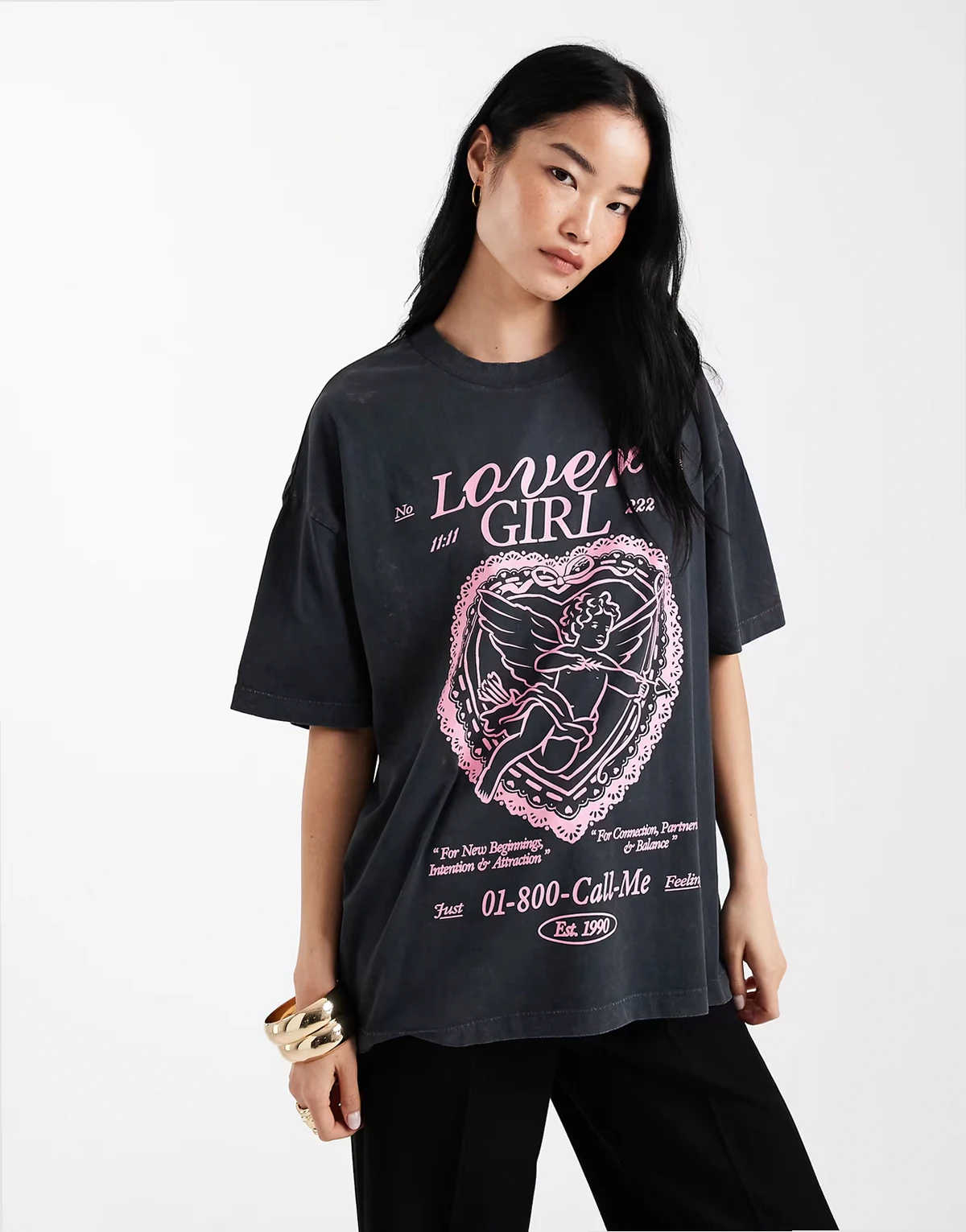 – Oversize-T-Shirt in verwaschenem Anthrazit mit „Lover Girl“-Print