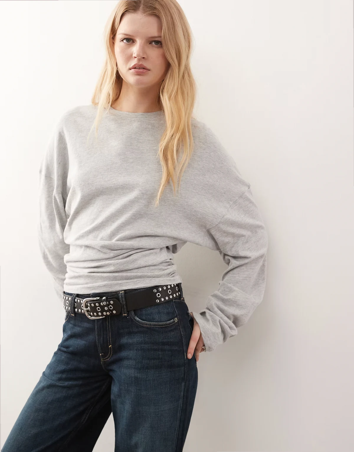 volume long sleeve top with cinched gathered waist in gray melange