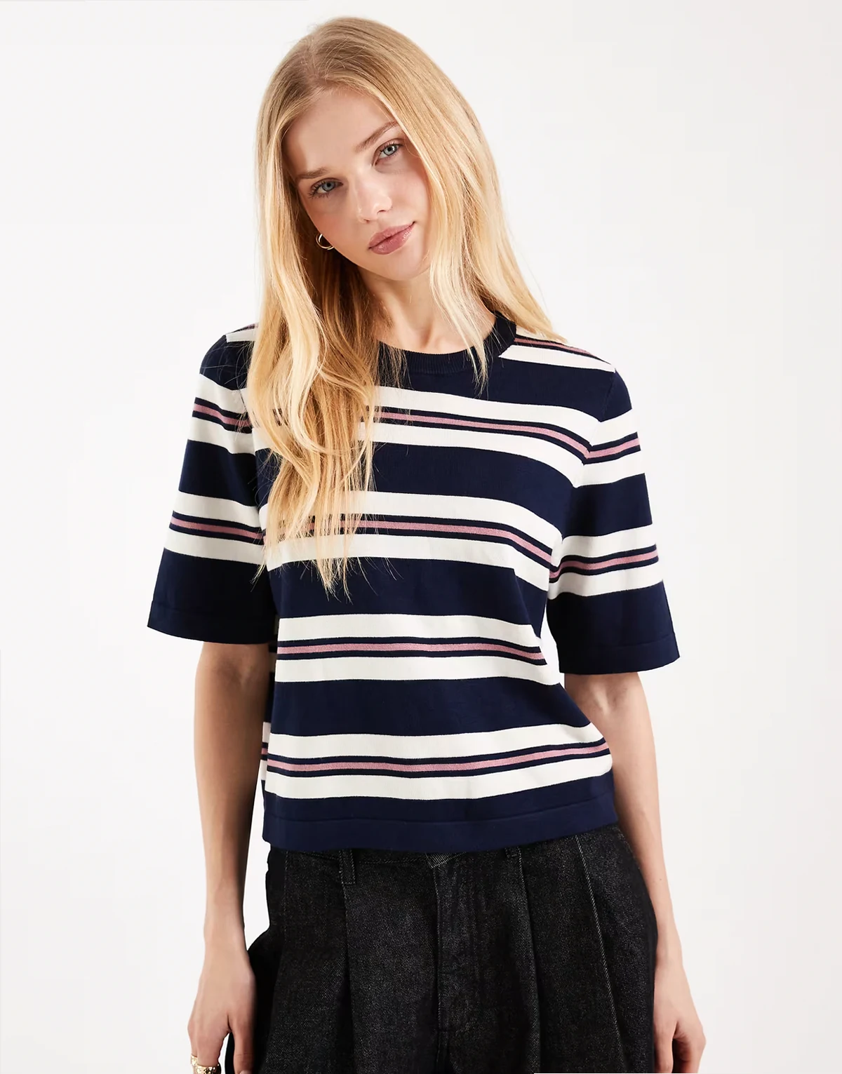 boxy knit short sleeve t-shirt in navy, cream and rose stripes