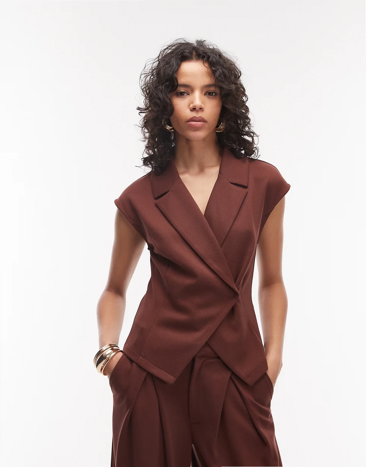 jersey twill tailored vest in chocolate - part of a set