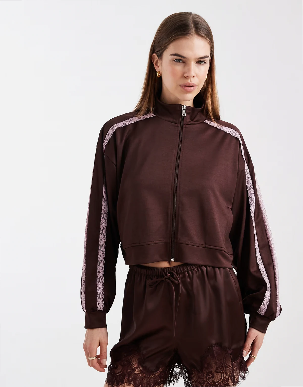 lace trim detail funnel neck tricot track jacket in chocolate