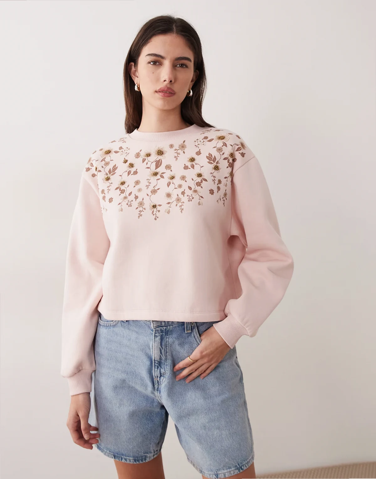 floral sweatshirt with embellishment in pink
