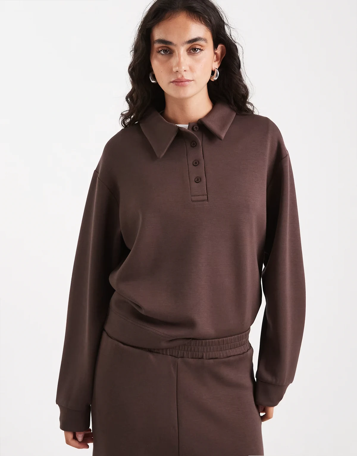 collared sweatshirt in chocolate brown in scuba-style fabric - part of a set