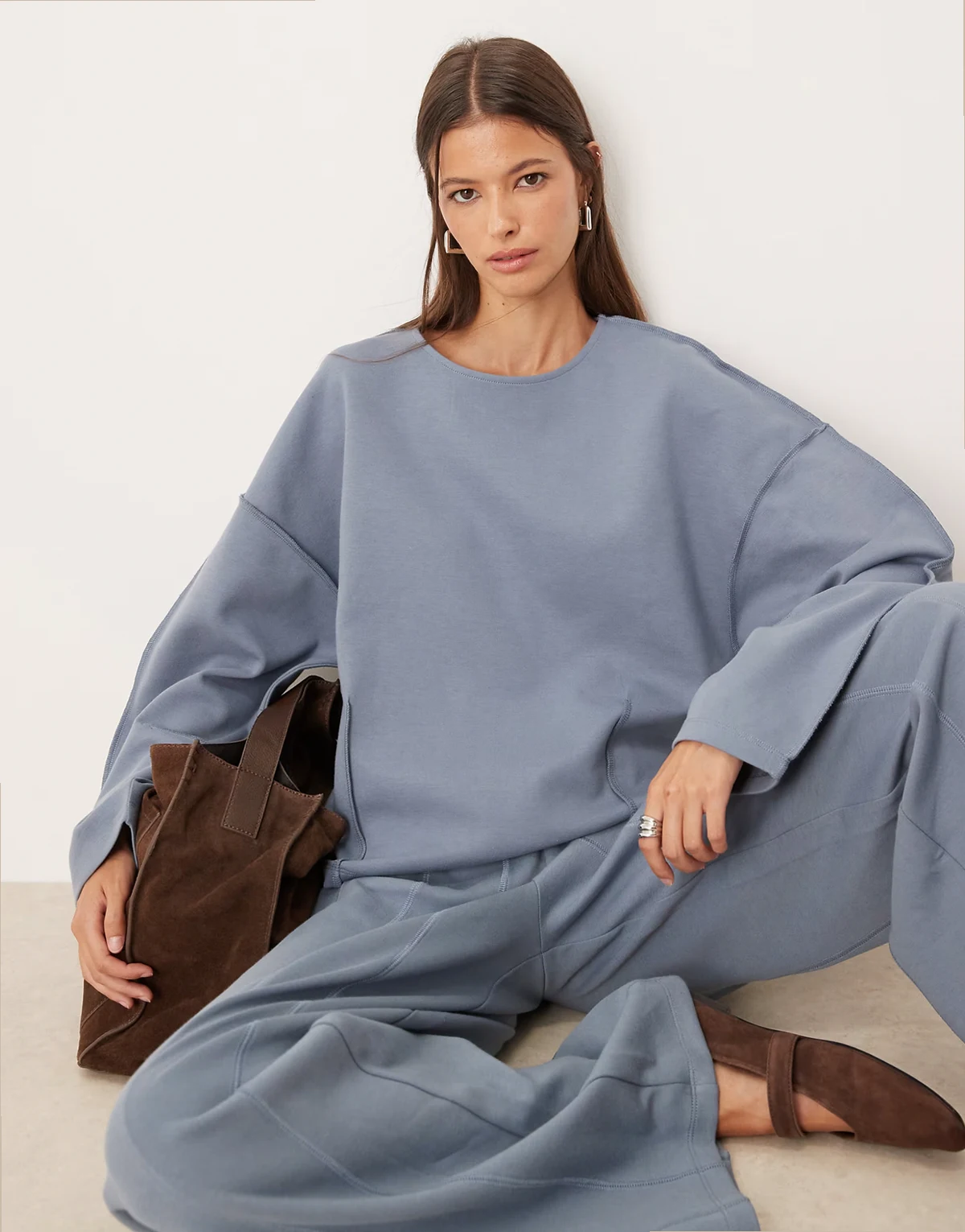 interlock boat neck sweatshirt with seam detail in blue