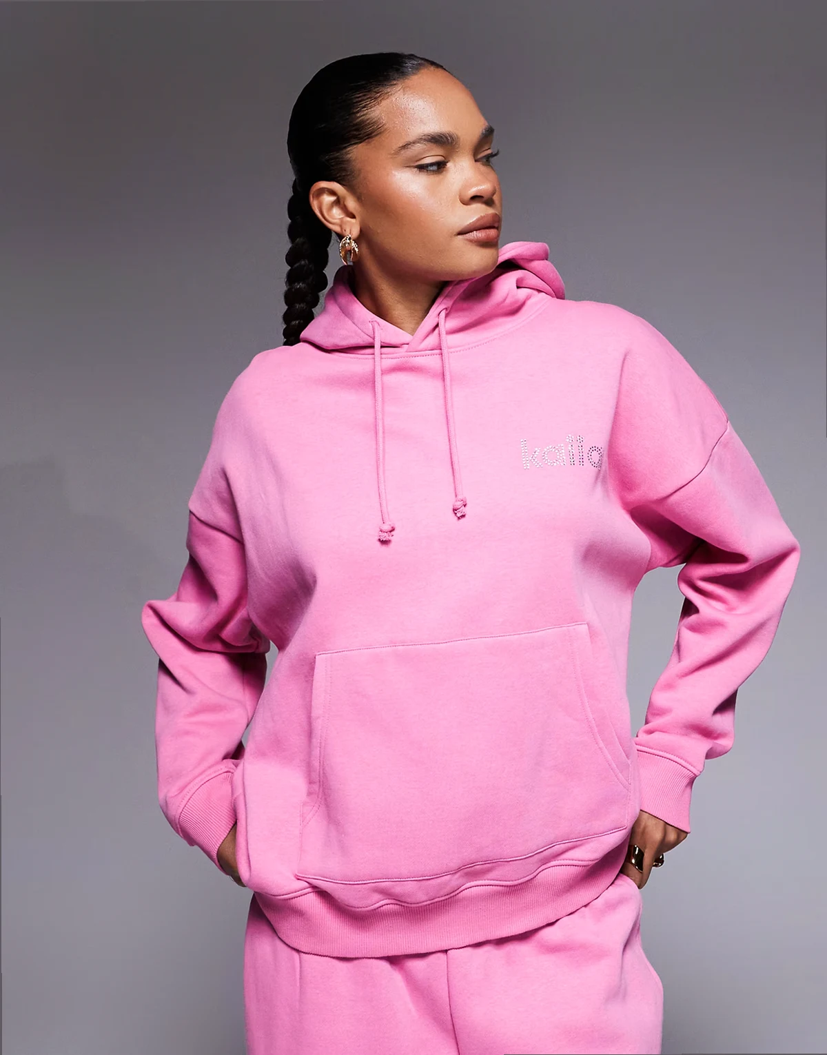 exclusive cotton rich diamante logo oversized hoodie in hot pink - part of a set