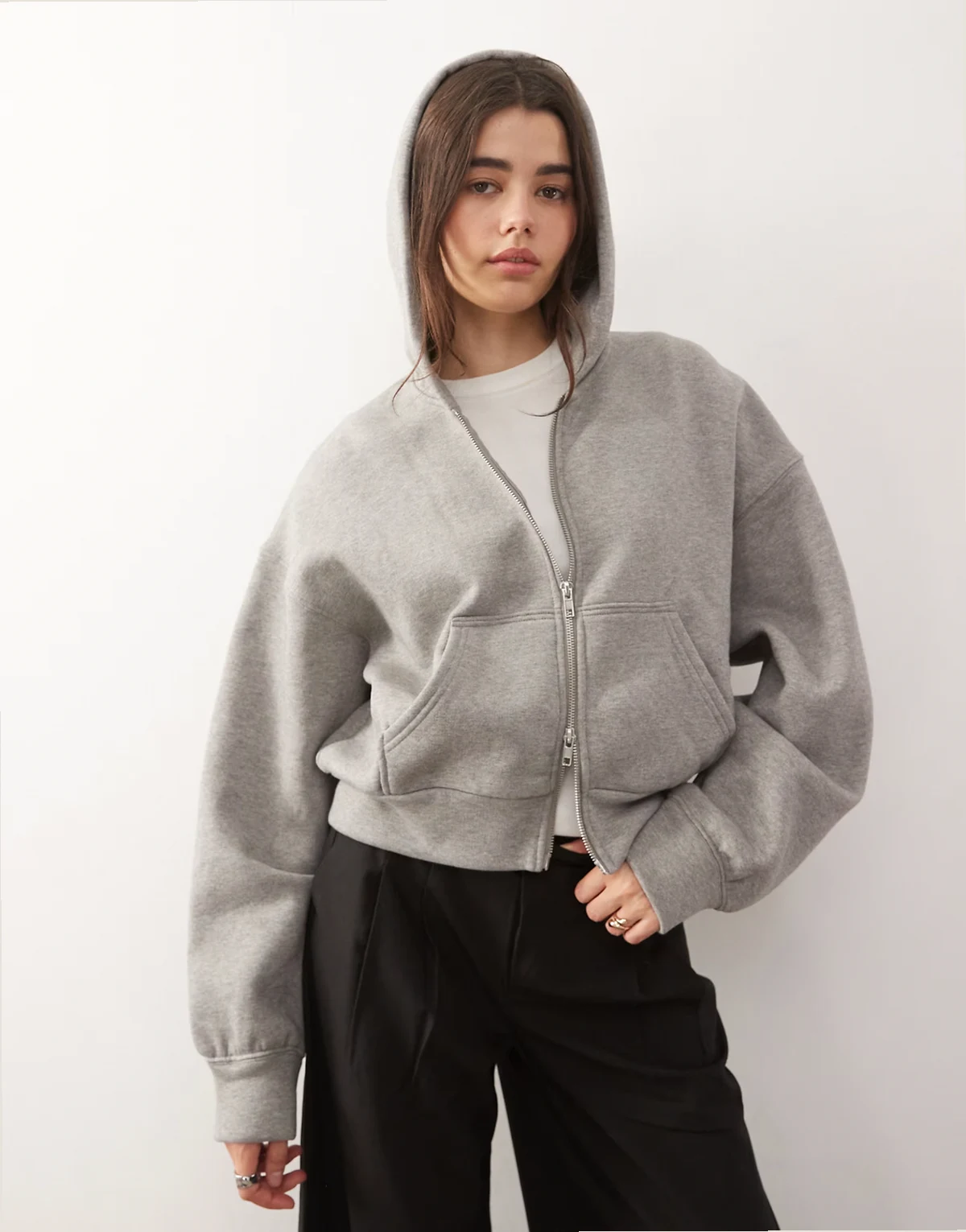 oversized boxy fit zip up hoodie in heather gray