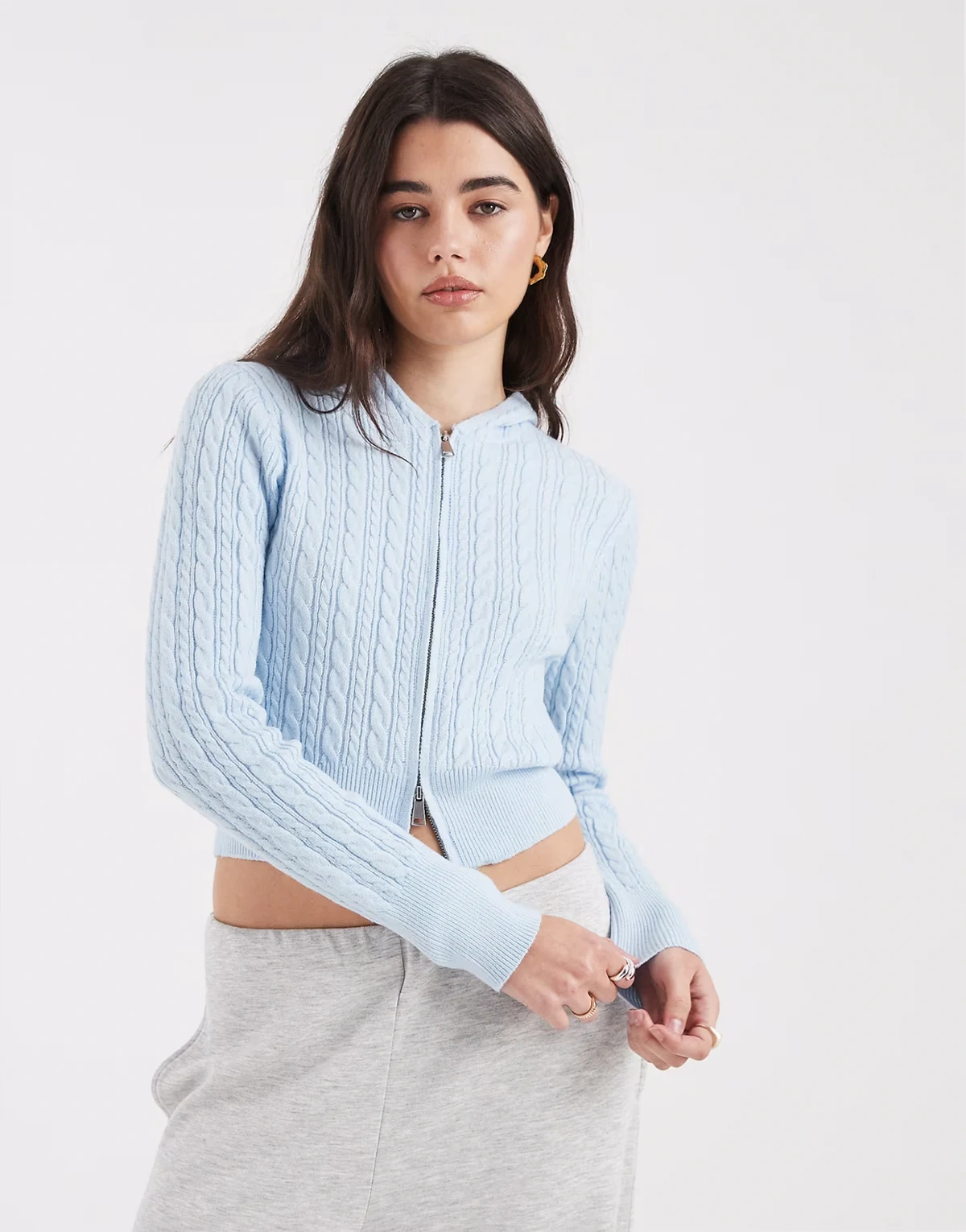 everfine cable knit double zip up hoodie in seaside blue