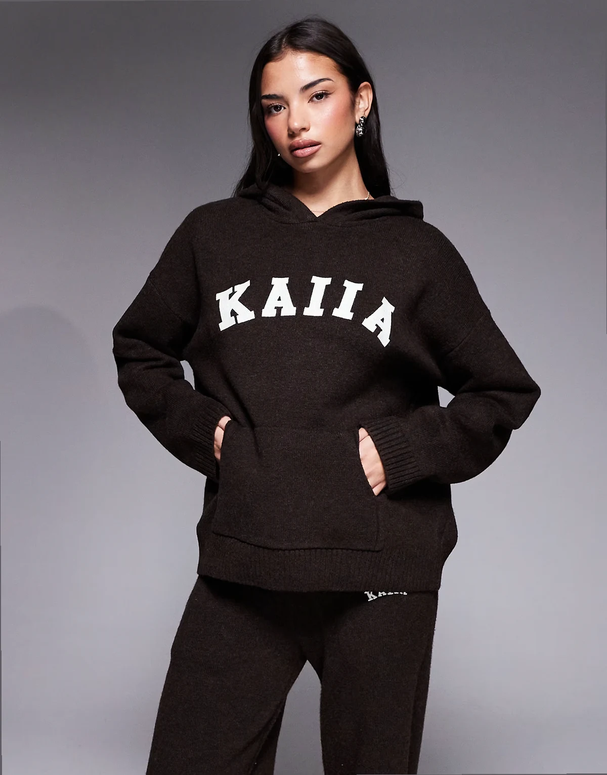 wool feel knit embroidered logo hoodie in chocolate - part of a set
