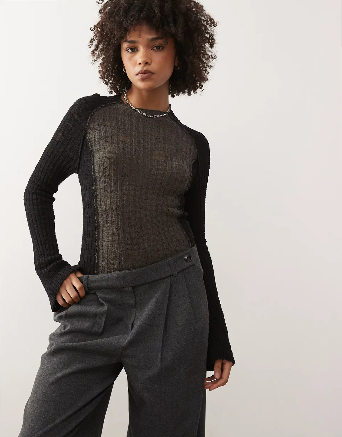 semi sheer knit long sleeve top in black & gray
