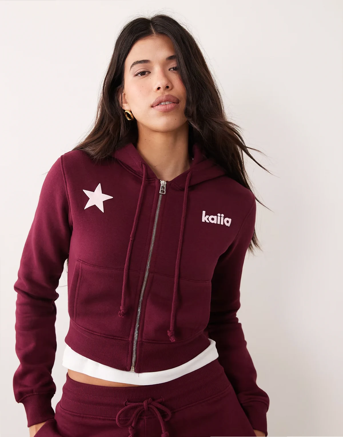 star logo graphic zip up cropped hoodie in burgundy and pink - part of a set