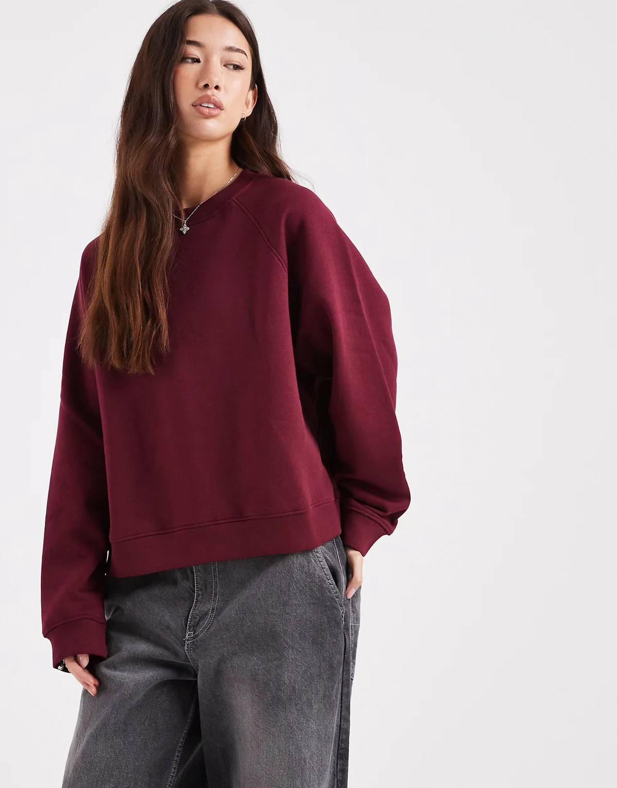 oversized brushback sweatshirt with raglan detailing in burgundy