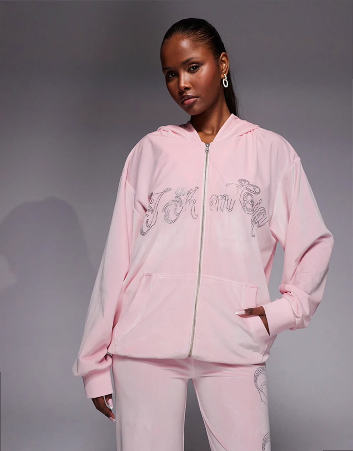 Daria velour rhinestone logo detailing zip up hoodie in baby pink - part of a set