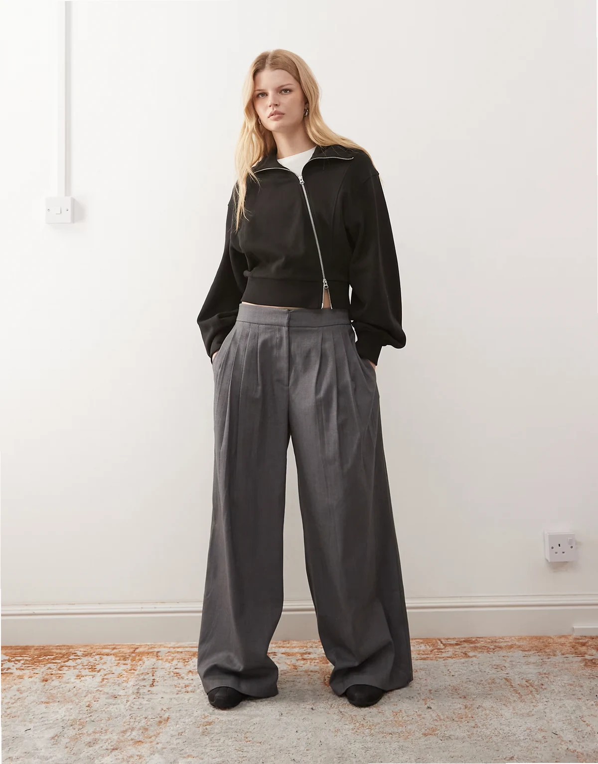 structured asymmetric zip through hoodie in black