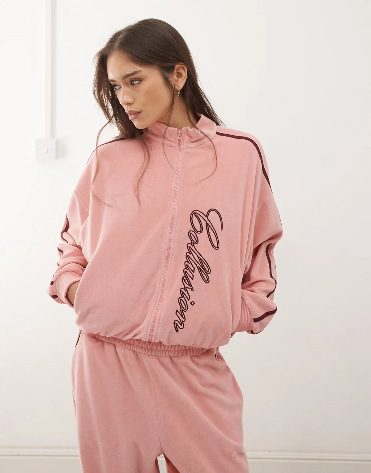 embroidered velour zip up hoodie in dusty pink - part of a set